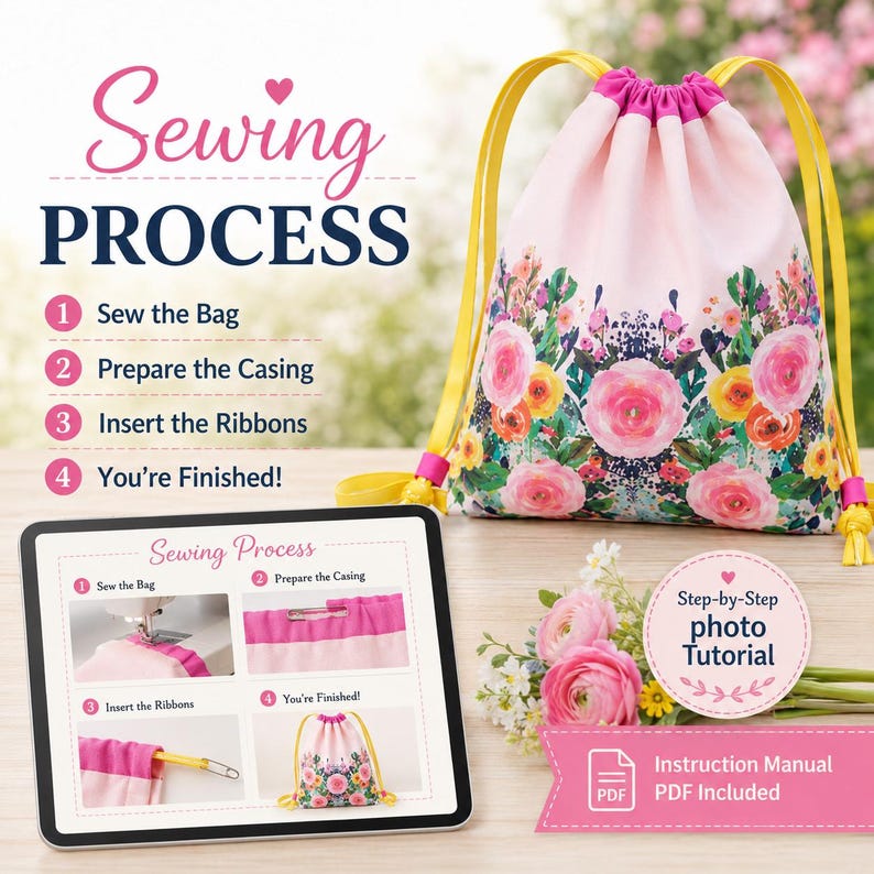 Easy drawstring backpack pattern for beginners who want to sew a practical fabric bag without assembling complicated printable pattern pieces.