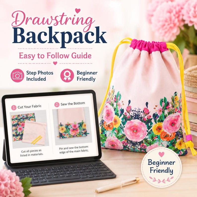 Beginner kids backpack sewing pattern for making a lightweight handmade bag that children can use for books, small toys, clothes, or activities.