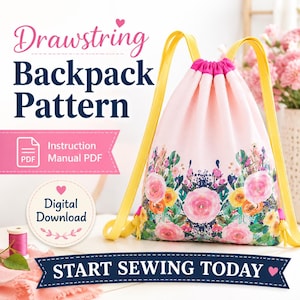 Floral drawstring bag pattern for creating a reusable children’s backpack for school, library visits, sleepovers, sports, toys, and everyday storage.