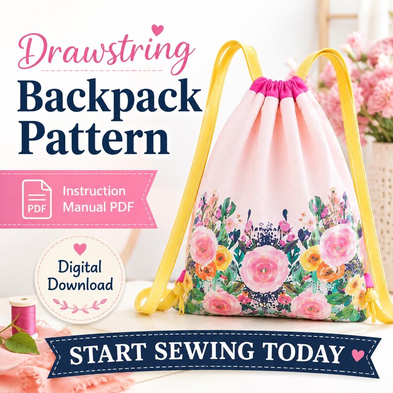 Floral drawstring bag pattern for creating a reusable children’s backpack for school, library visits, sleepovers, sports, toys, and everyday storage.