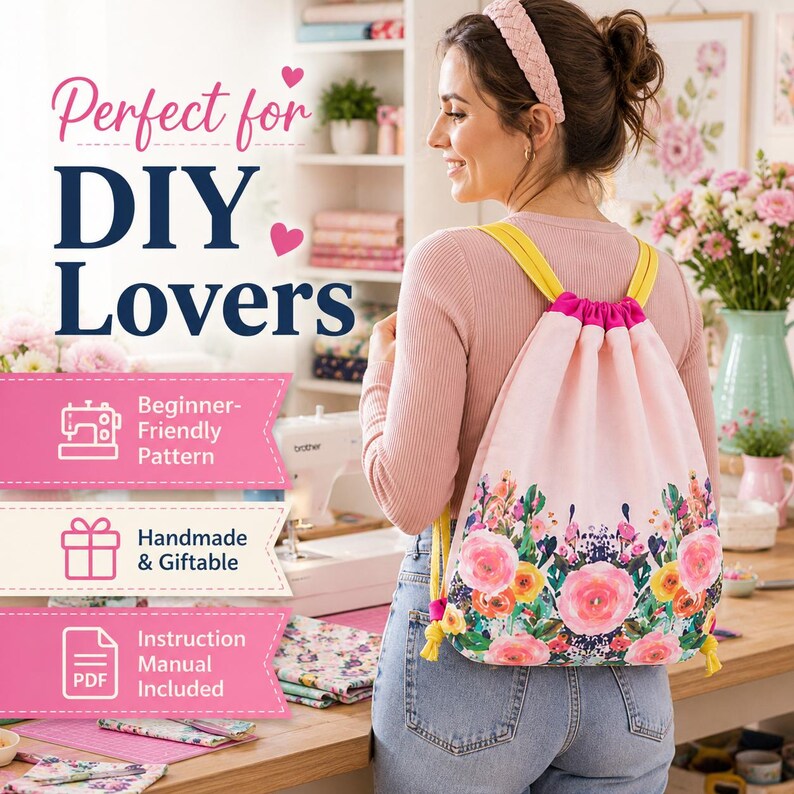 Fabric drawstring bag with floral main fabric, bright contrasting casing, and ribbon straps made using an easy beginner sewing tutorial.
