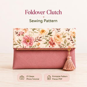 Foldover Clutch Sewing Pattern for Beginners DIY Foldable Zippered Handbag Tutorial Printable Evening Bag Pattern for Everyday Storage