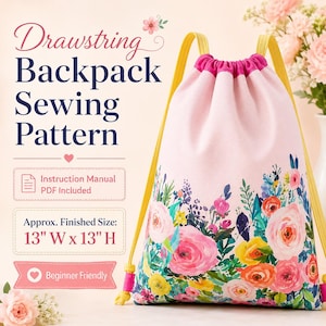 Finished kids drawstring backpack with ribbon straps, contrasting fabric casing, and floral print created from an easy bag sewing pattern PDF.