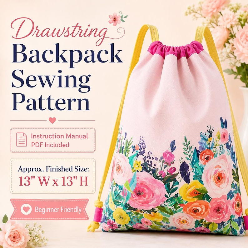 Finished kids drawstring backpack with ribbon straps, contrasting fabric casing, and floral print created from an easy bag sewing pattern PDF.