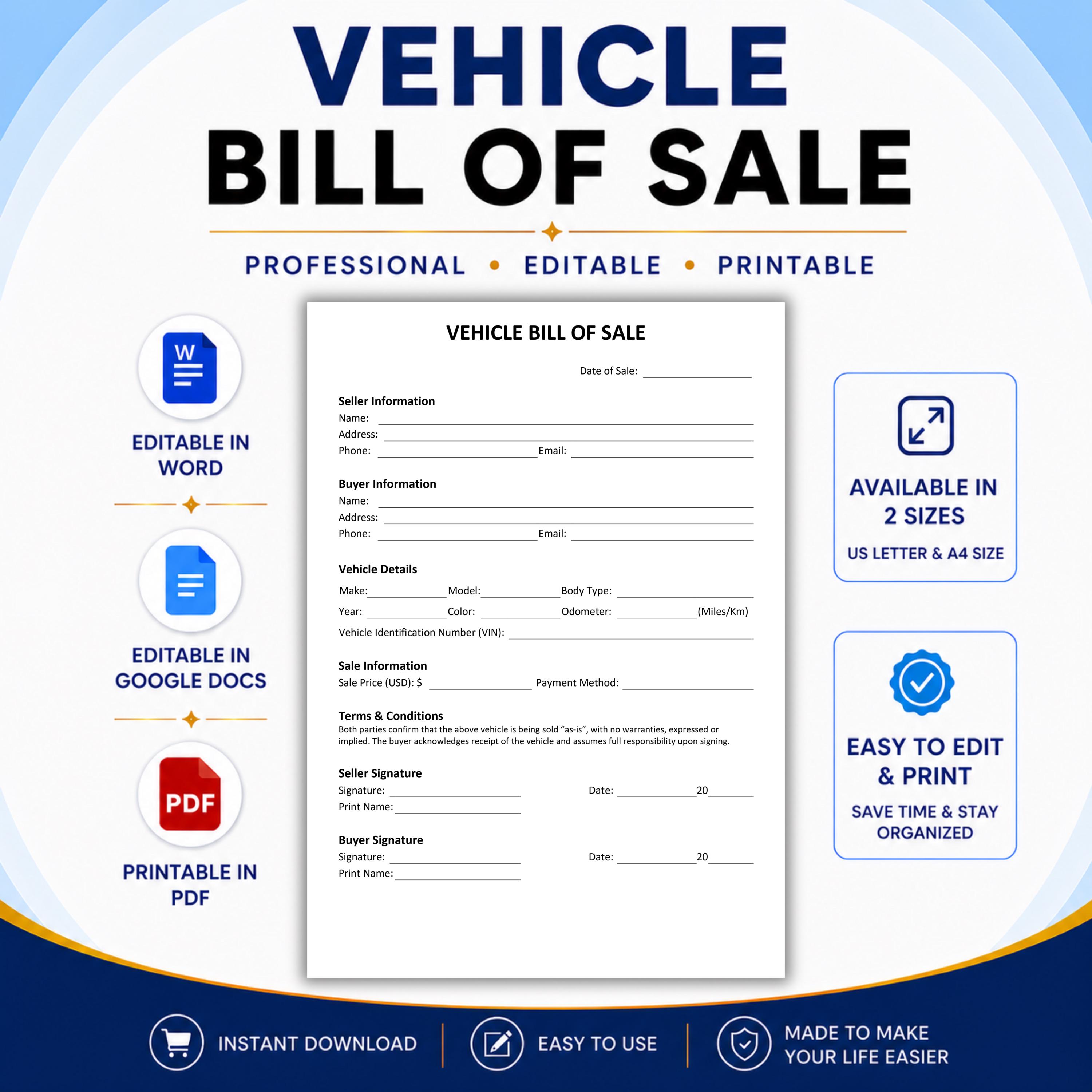 Editable Car Bill of Sale Word Template, Printable as is Car Sale Form ...
