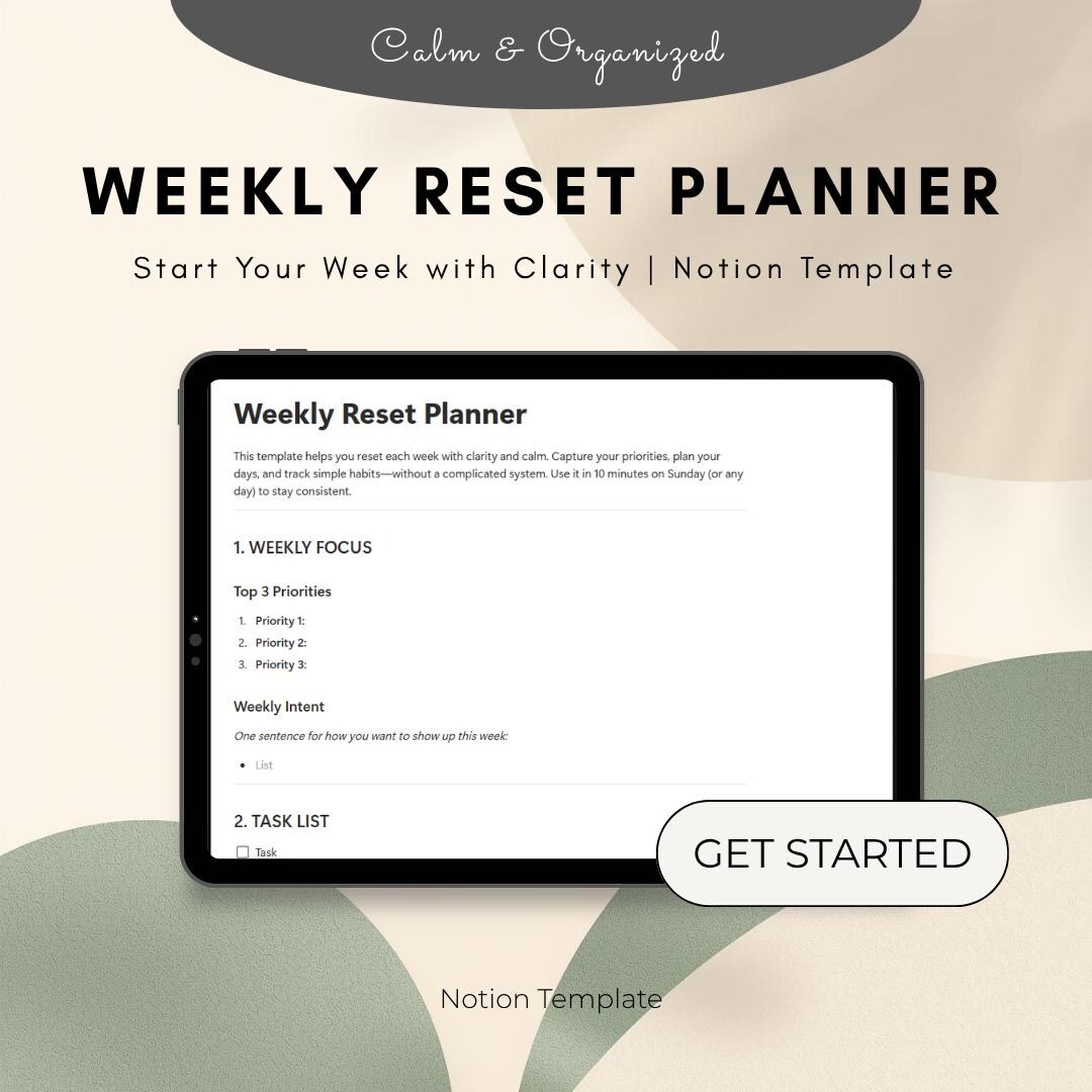 Weekly Reset Planner Notion Template | Productivity, Habits, Organizer ...