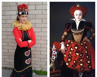 Upcycled Clothing Red Queen Costume Alice in Wonderland Queen of Hearts Costume, Crown, Gold Collar, Black Dress and Red Jacket, Adult