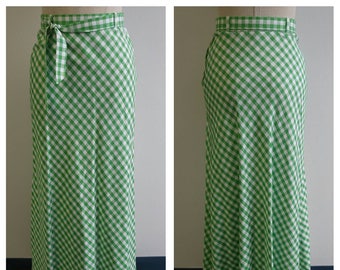 Vintage Clothing, 1970s Vintage Full Length Skirt, Green and White Checkered Skirt, Long Boho Skirt, Ladies Small/Med