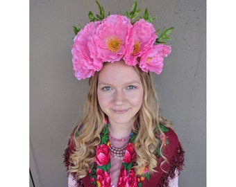 Frida Inspired Floral Crown, Light Pink Poppy Flower Headpiece, Flower Costume, Alice in Wonderland Queen of Hearts, Bridal Headpiece