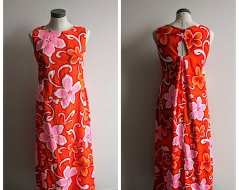 Vintage Clothing, Hawaiian Dress, Orange Tropical Print Dress, Hawaii Five-O, Aloha, 100% Cotton Youth Size L Ladies Size XS