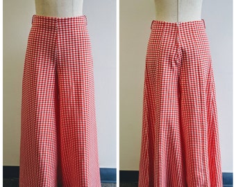 Vintage Clothing, 1970s Vintage Bell Bottom Pants, Red and White Check Print Polyester Knit Pants, Mister Leonard Brand Ladies Size XS Small