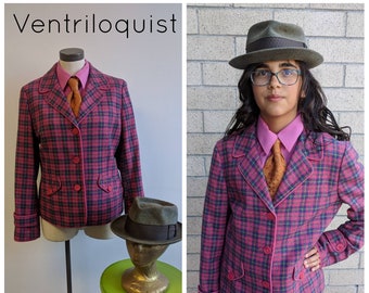 Upcycled Steampunk Clothing, Ventriloquist Costume, Bugsy Malone Theatre Production, Pink Plaid Jacket, Pink Shirt, Tie, Hat, Ladies M