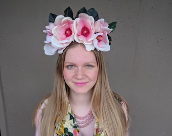 Frida Inspired Floral Crown, Pink and White Magnolia Floral Headpiece, Ukrainian Flower Crown, Alice in Wonderland, Bohemian Bride