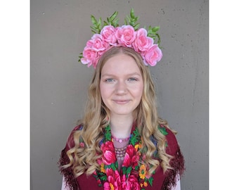 Frida Inspired Floral Crown - Pink Rose Floral Headpiece - Alice in Wonderland - Bridal Headpiece