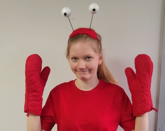 Upcycled Kleidung Hummer Kostüm Alice im Wunderland, rotes T-Shirt, Kopfschmuck mit Augen und rote Handschuhe, Kinder- oder Jugendgröße
