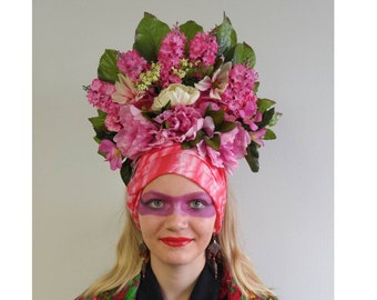 Ukrainian Flower Headress, Pink Flower Crown, Frida Inspired Floral Crown, Pink Flower Headpiece, Bohemian Bridal Headpiece