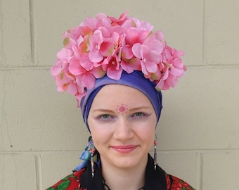 Frida Inspired Floral Crown, Light Pink Hydranga Headpiece, Alice in Wonderland Flower Costume, Bridal Headpiece