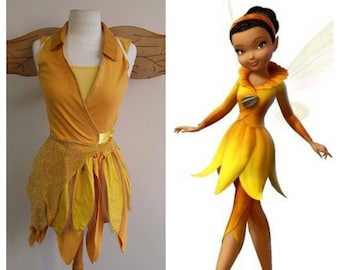 Upcycled Peter Pan Costume Custom Iridessa Light Fairy Costume (Yellow Wrap Top, Petal Skirt, Gold Wings) Tinkerbell and Friends, Adult Size
