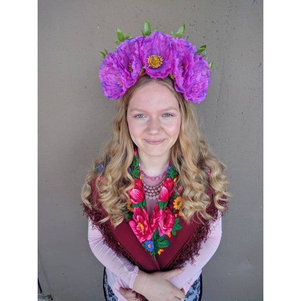 Couronne florale, fleur pavot rose fuchsia casque, fleur Costume, Alice in Wonderland Queen de coeurs, parure de mariage inspiré de Frida