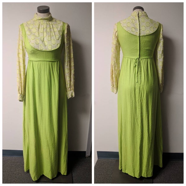 Vintage Clothing, 1960s 1970s Lime Green Polyester Evening Dress, Vintage Full Length Bridesmaid Dress, Long Sleeved, Ladies Size S