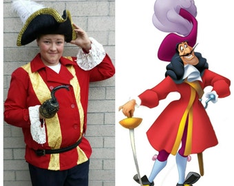 Upcycled Peter Pan Costume, Custom Captain Hook Pirate Costume (Red Coat, Hat and Hook) Tinkerbell and Friends, Adult Size