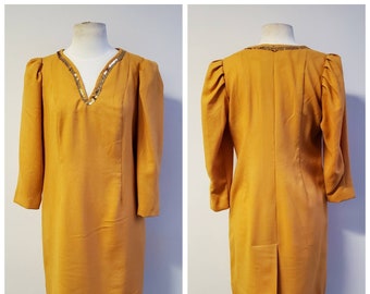 Vintage Kleidung 60er Jahre Shift Kleid senfgelb Wollmischkleid Mid Length Kein Label Handarbeit Vintage Kleid Damen Größe S Petite