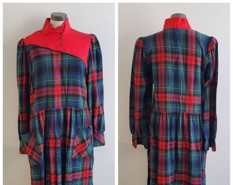 Vintage Clothing, 1980's Vintage Red Plaid Dress, Red Wool Plaid Dress, Drop Waist, Back Zip, L/S, Vintage Lori Ann Brand, Ladies M