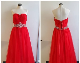 Vintage Clothing, Red Prom Dress Beaded Chiffon Strapless Gown, Red Vintage Prom Dress Full Length, Ladies Size 14