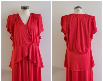Vintage Clothing, 1980s 1990s Red Polyester Dress, 2 Pce Dress and Jacket, 3/4 Length Dress, Polyester, PS I Love You Brand Ladies Size 9/10
