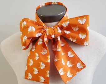 Upcycled Steampunk Clothing, Mad Hatter Bow Tie- Alice in Wonderland (Orange and White  Cotton Fox Print) Neck Tie, Handmade Bow Tie