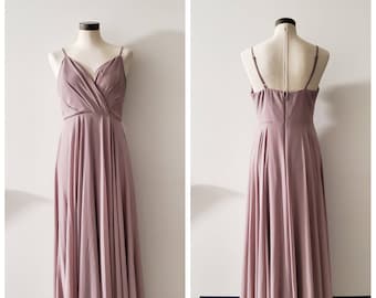 Vintage Clothing, 1990s Light Purple Polyester Evening Dress, Mauve Vintage Bridesmaid Dress Full Length Thin Straps Ladies Size Large