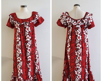 Vintage Clothing, Hawaiian Dress, Red Tropical Print Dress, Hawaii Five-O, Aloha, Royal Creations Brand, 100% Cotton Pockets Ladies Size S