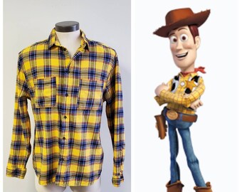 Upcycled Clothing, Woody Toy Story Costume, Yellow and Navy Plaid Flannel Shirt, Woody Plaid Shirt, Yellow Plaid Shirt, Mens Size Large
