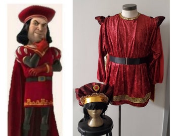 Upcycled Clothing, Shrek the Musical Lord Farquaad Costume, Custom Tunic, Cape and Hat, Black Belt, Black Wig,  Adult Size Small/Medium