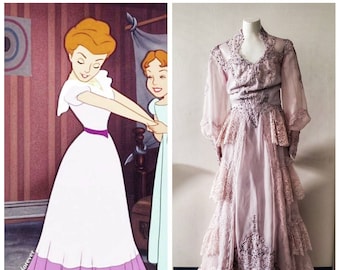 Upcycled Peter Pan Costume Mrs Darling Vintage Gown, Mary Darling Cosplay Hand Dyed Lilac Satin and Lace Full Length Gown, Ladies Size