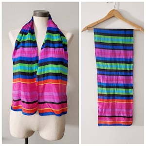 Vintage Scarf, 1970&#39;s Silk Scarf, Vintage Liz Claiborne Scarf, Rainbow Striped Scarf, 100% Silk Lightweight 10 x 52 inches