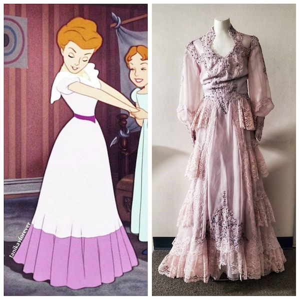 Costume Peter Pan recyclé Mme Darling Robe vintage, Mary Darling Cosplay Tenue à la main Robe longue en satin lilas teint et dentelle, taille dame