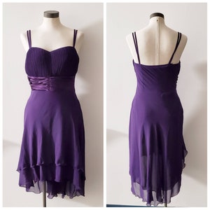Vintage Clothing, Purple Chiffon Dress, Purple Sleeveless Dress, High Low Hemline, Ruching on Bodice and at Waist, Ladies Size Small