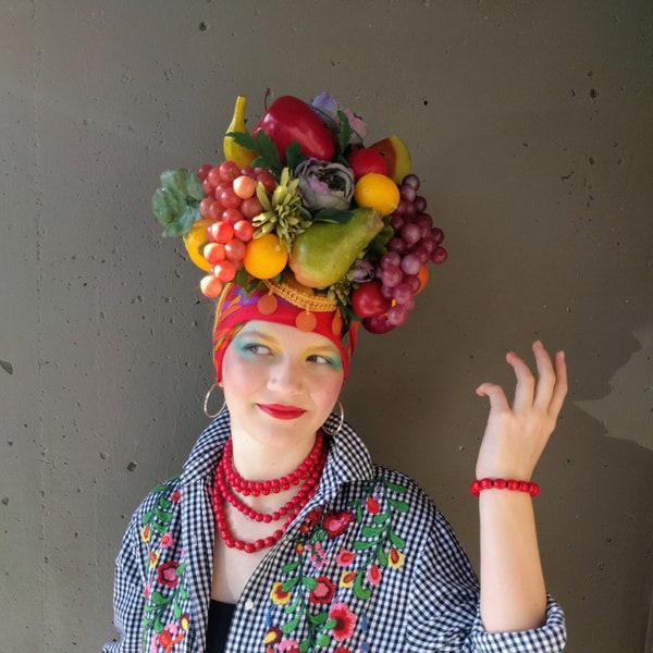 Upcycled Clothing Tutti Fruiti  Headdress Carmen Miranda Inspired Headpiece Fruit Facinator Tiki Festival Fruit Hat, Made to Order