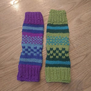 Vintage Clothing Accessories, Legwarmers, Hand-knitted, One Purple and One Green, Patterned Mismatched Pair, 100% Wool, Child Size