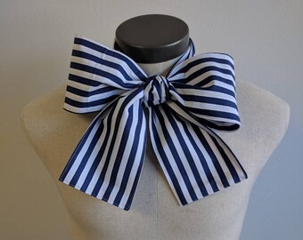 Upcycled Clothing Mad Hatter Bow Tie Navy Blue and White Striped Alice in Wonderland, Navy Blue and White Cotton Print Bow Tie Fairytale Tie