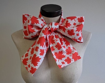 Upcycled Steampunk Clothing, Mad Hatter Bow Tie- Alice in Wonderland (Red and White Maple Leaf Print) Handmade Canadian Print Bow Tie