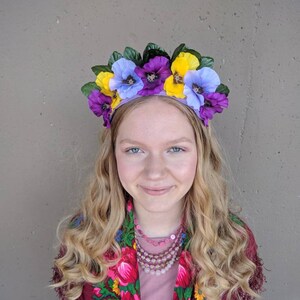 Frida Inspired Floral Crown, Purple Pansy Headpiece, Flower Costume, Alice in Wonderland, Ukrainian Headpiece, Bohemian Bridal Headpiece
