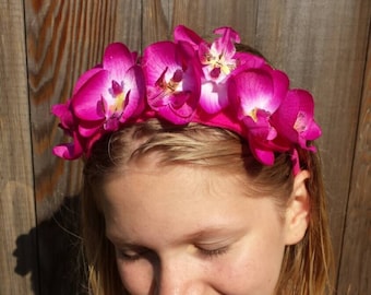 Frida Inspired Floral Crown - Hot Pink Orchid Floral Headpiece - Alice in Wonderland - Bridal Headpiece