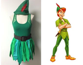 upcycled peter pan costume green skirtkilt top hat and belt tinkerbell and friends neverland lost boys adult ladies size small