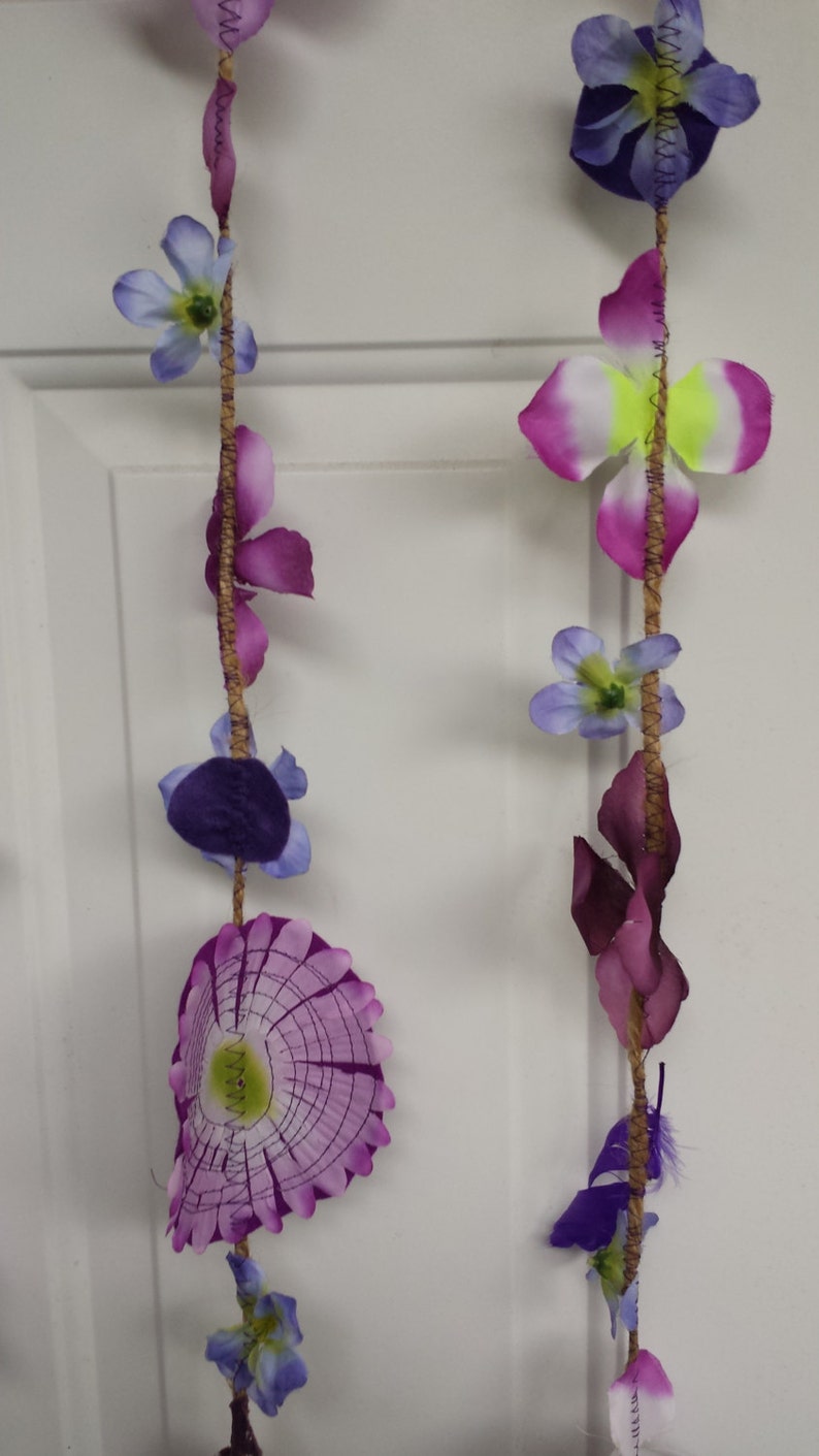 Upcycled Leaves Garland Doorway Curtain Purple Flowers Handmade Leave Backdrop Wedding Graduation Birthday Handmade Green Recycled image 1