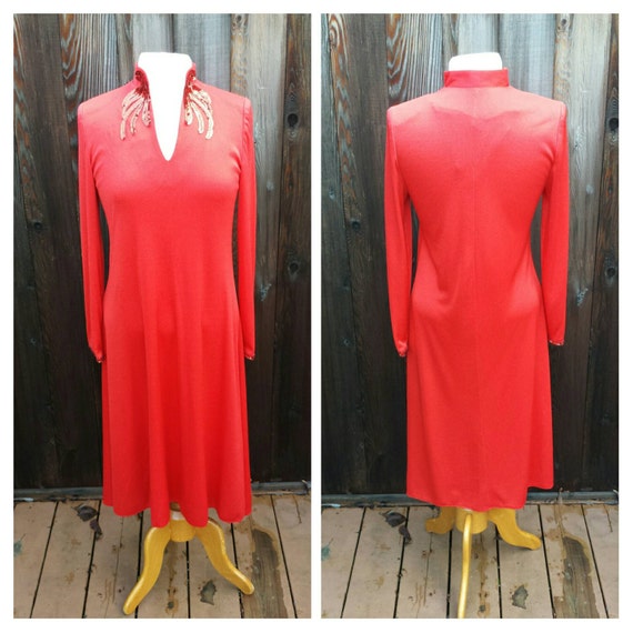 Vintage Clothing, 1960s 1970s Red Polyester Eveni… - image 1