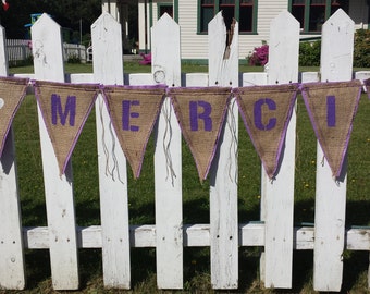 Upcycled Burlap Banner MERCI (Purple Painted Letters, White Painted Hearts with Lilac felt backing) - Eco-Friendly Wedding Decor