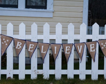 Upcycled BELIEVE Burlap Banner (with blue painted letters and felt backing) Eco Chic Christmas - Eco-Friendly Home Decor