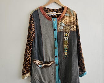 Vintage Clothing Ladies Patchwork Jacket Leopard Print with Brown, Black Turquoise Mixed Prints, Button Front 85% Rayon, Ladies Size Medium